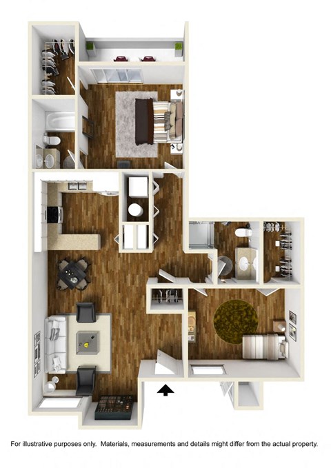 Floor plan for 2 beds, 2 baths, 938 sqft